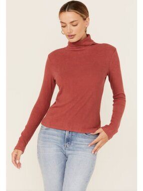 Miss Me - Rust Red Ribbed Turtleneck Top XL Fitted Long Sleeve Lightweight Comfy